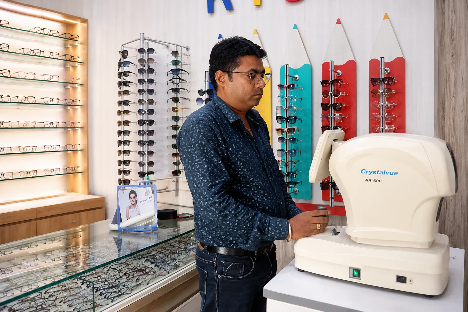 Man using eye testing equipment